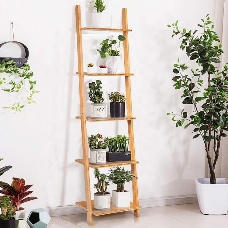 Living Room Bathroom Wall-Leaning Bamboo 5-Tier Ladder Shelf and Storage Bookshelf for Office