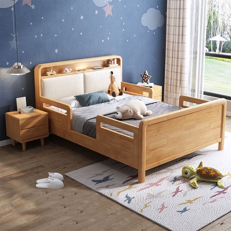 new design 2022 customized wholesale natural solid wood kids single bed