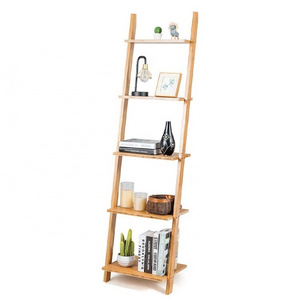 Living Room Bathroom Wall-Leaning Bamboo 5-Tier Ladder Shelf and Storage Bookshelf for Office