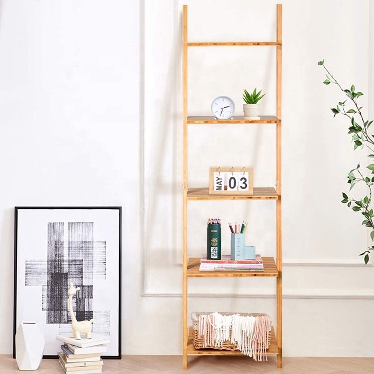 Living Room Bathroom Wall-Leaning Bamboo 5-Tier Ladder Shelf and Storage Bookshelf for Office