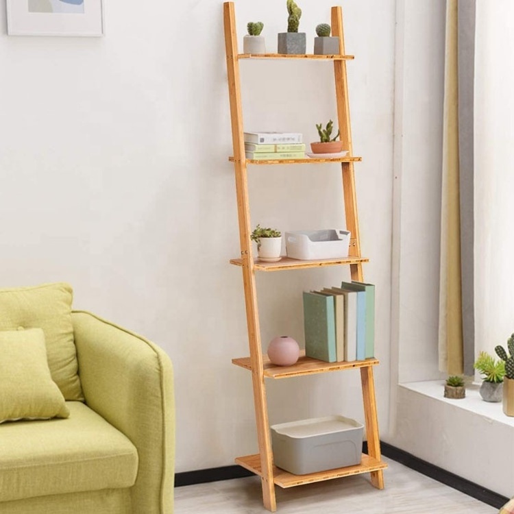 Living Room Bathroom Wall-Leaning Bamboo 5-Tier Ladder Shelf and Storage Bookshelf for Office