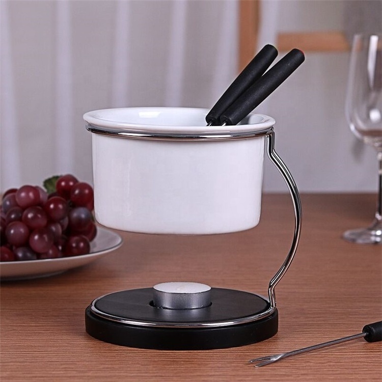 Hot sale modern cylinder shape food warmer white ceramic chocolate cheese fondue pots with candle holder