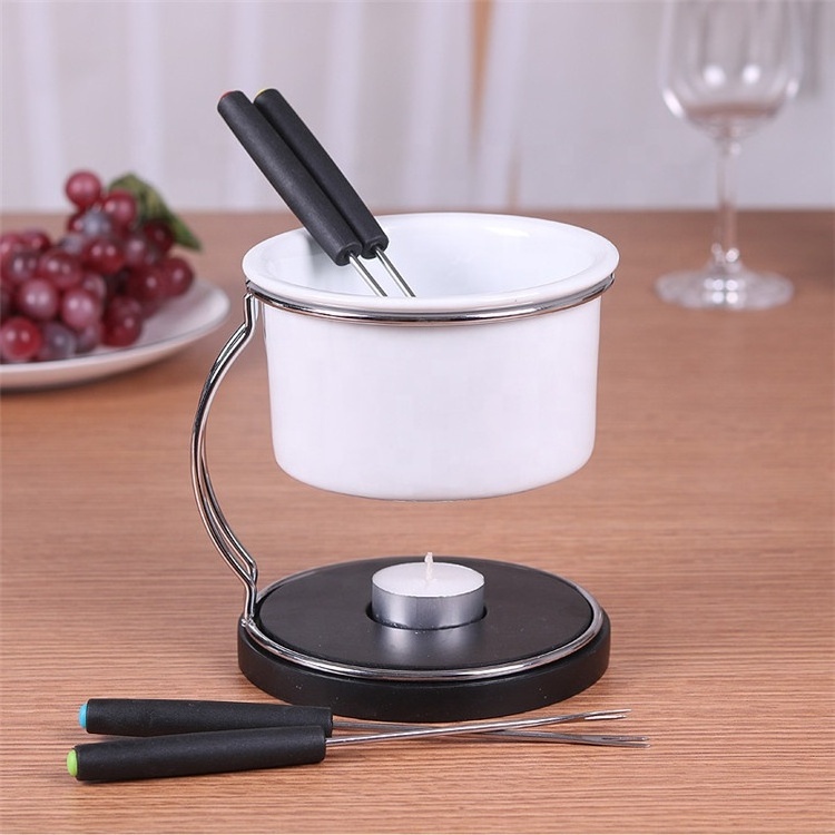 Hot sale modern cylinder shape food warmer white ceramic chocolate cheese fondue pots with candle holder