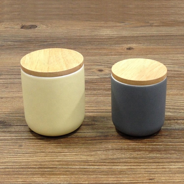 Japanese style matt black wooden lid bulk stoneware tea coffee sugar canisters with rubber seals