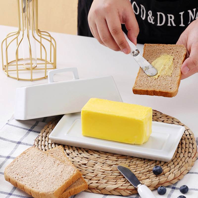 High Quality Restaurant Tableware Butter Container Kitchen White Rectangle Ceramic Butter Cheese Dishes With Lid