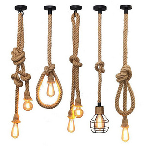 Hemp Rope Outdoor Indoor Loft Chandelier Retro Edison ST64 Filament Bulb Led Pendant Hanging Light Fixture for Living Room