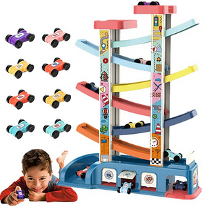 Huiye Toddler Toys Car Ramp Race Set with 8 Mini Racer Cars Fine Motor Skill Montessori Building earlier block toys