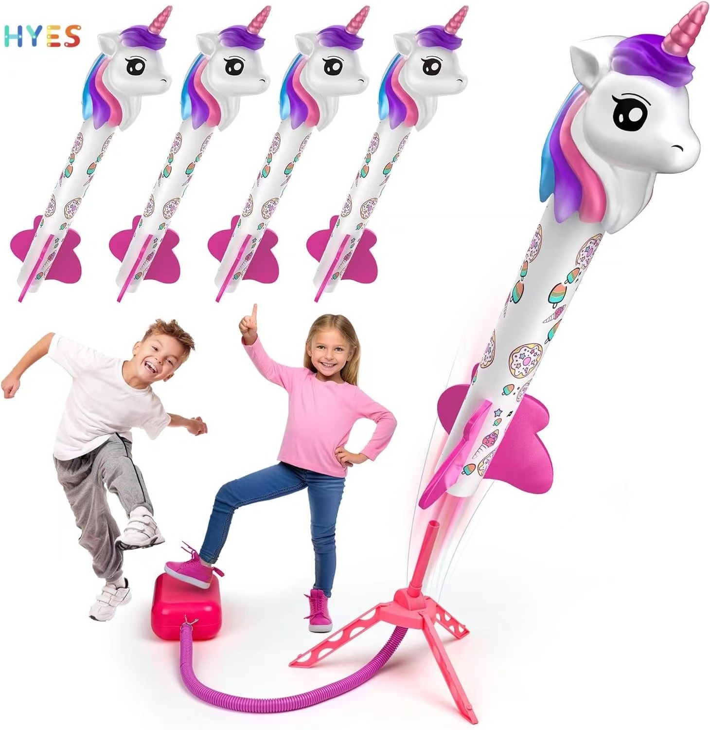 Huiye Hot Selling Unicorn Rocket Launcher Toy Outdoor Playing Summer Toy Gift Safety Plastic Stomp Rocket Launcher Children Toys