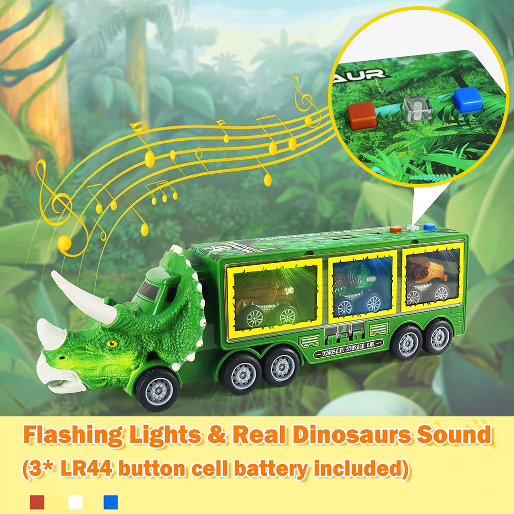 Huiye Dino Transport Play set Pull Back Cars Dinosaur Toy Truck for Kids with Flashing Lights Music and Roaring Sound