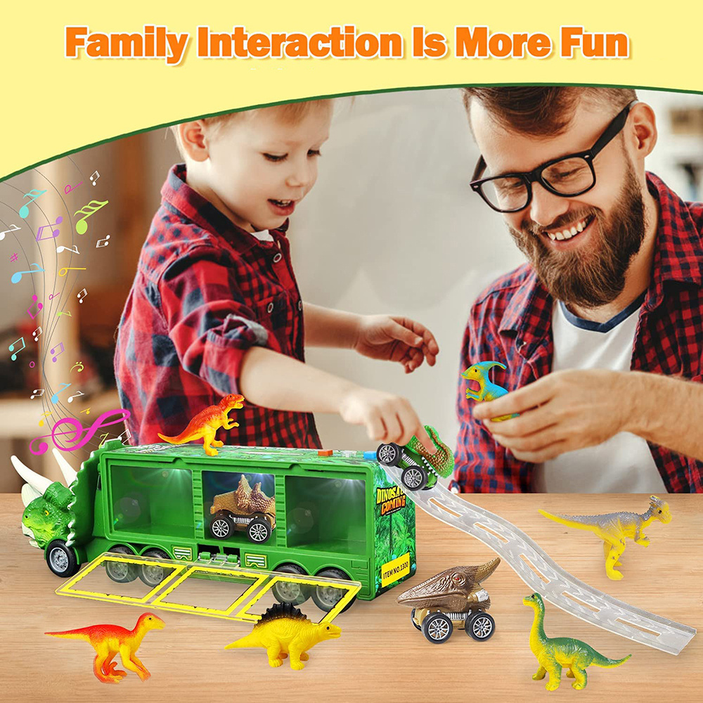 Huiye Dino Transport Play set Pull Back Cars Dinosaur Toy Truck for Kids with Flashing Lights Music and Roaring Sound