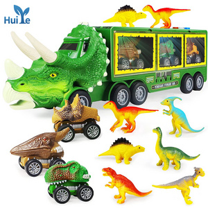 Huiye Dino Transport Play set Pull Back Cars Dinosaur Toy Truck for Kids with Flashing Lights Music and Roaring Sound