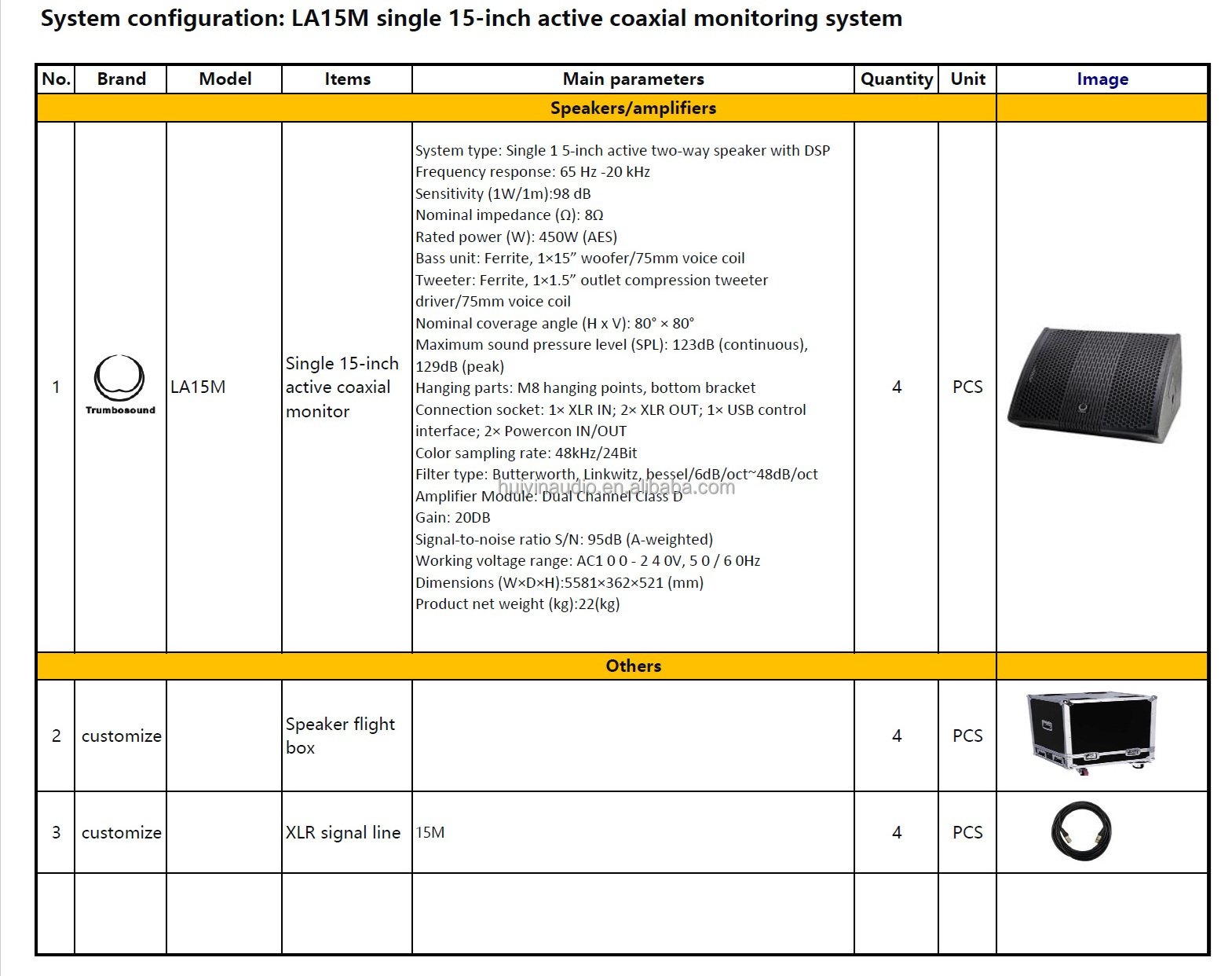 LA15MS 4PCS Active Line Array Audio Monitor D Class DSP 15 Inch Coaxial Speaker Pro Audio Portable Monitor Speakers For Stage