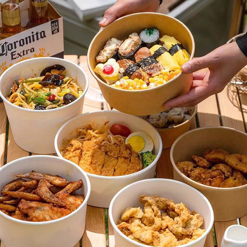 Biodegradable Custom Print Takeaway Fast Food Soup Cup Containers Disposable Ramen Noodles Kraft Paper Soup Cup Bowl With Lids