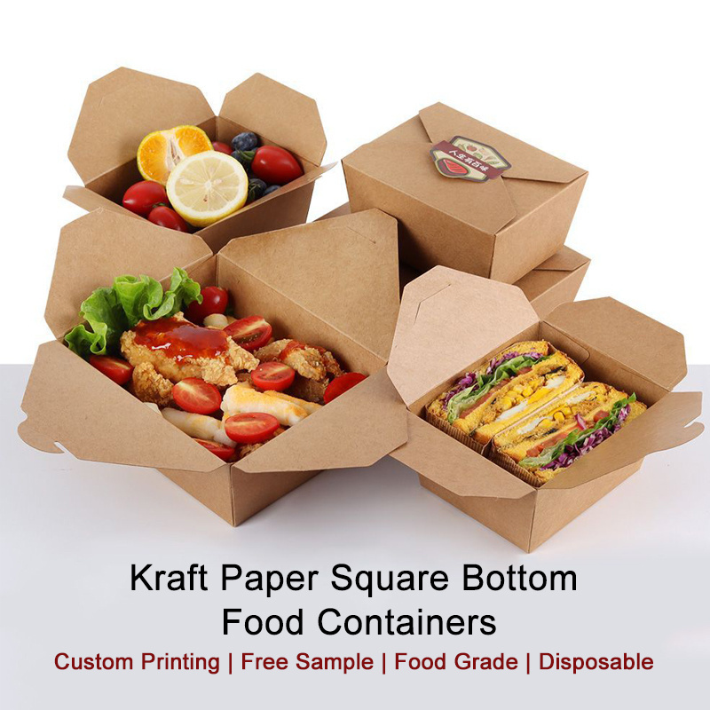 Eco Friendly Disposable Waterproof Fast Food Packing Takeaway Take Out Snack Lunchbox Kraft Paper Food Containers Box Packaging