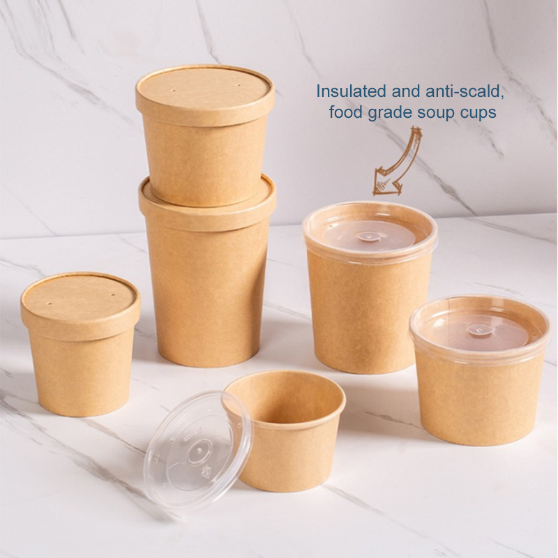 Biodegradable Custom Print Takeaway Fast Food Soup Cup Containers Disposable Ramen Noodles Kraft Paper Soup Cup Bowl With Lids