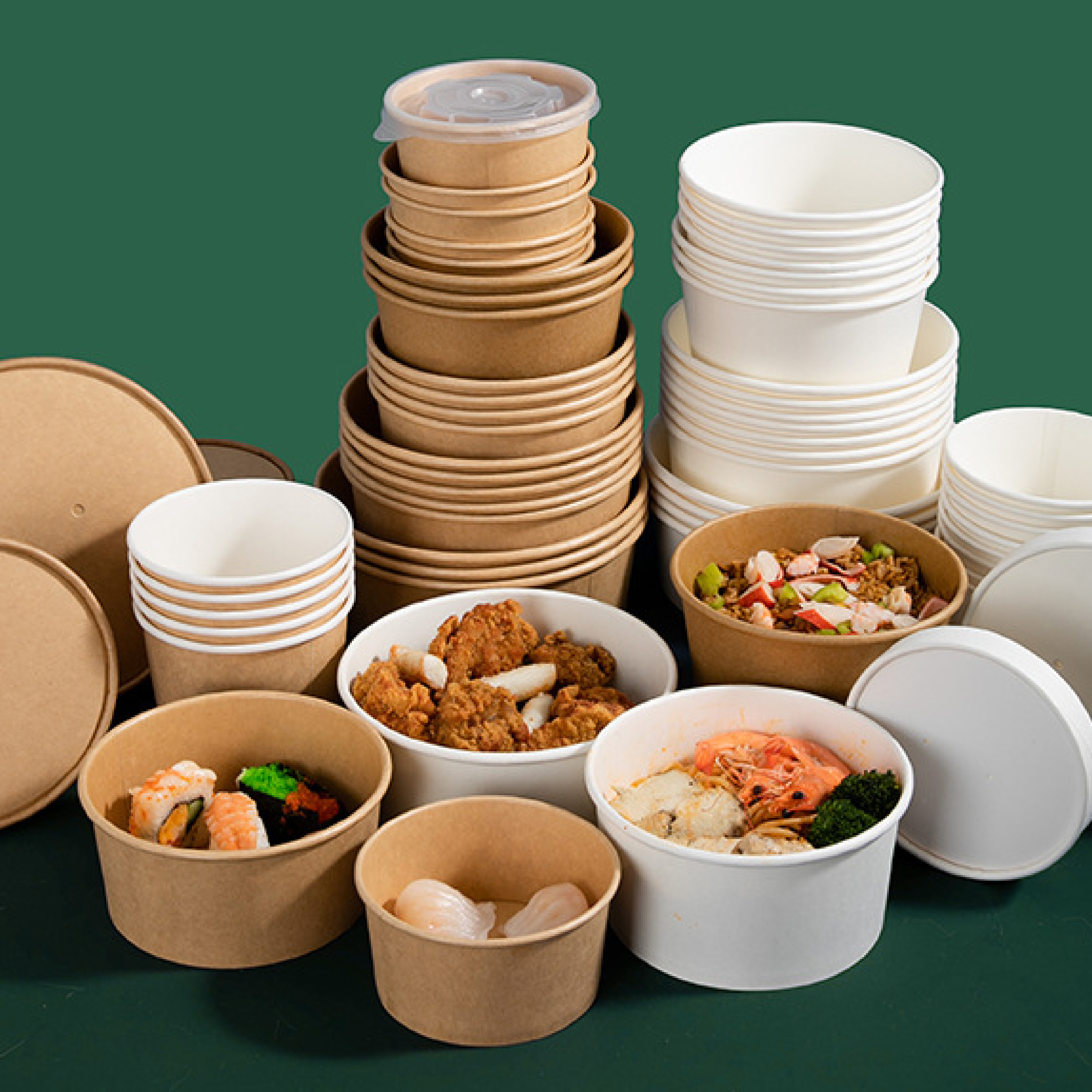 Disposable Round Paper Soup Bowl Paper Cups Food Container Biodegradable Take Away Fast Food Kraft Paper Salad Bowl With Lids