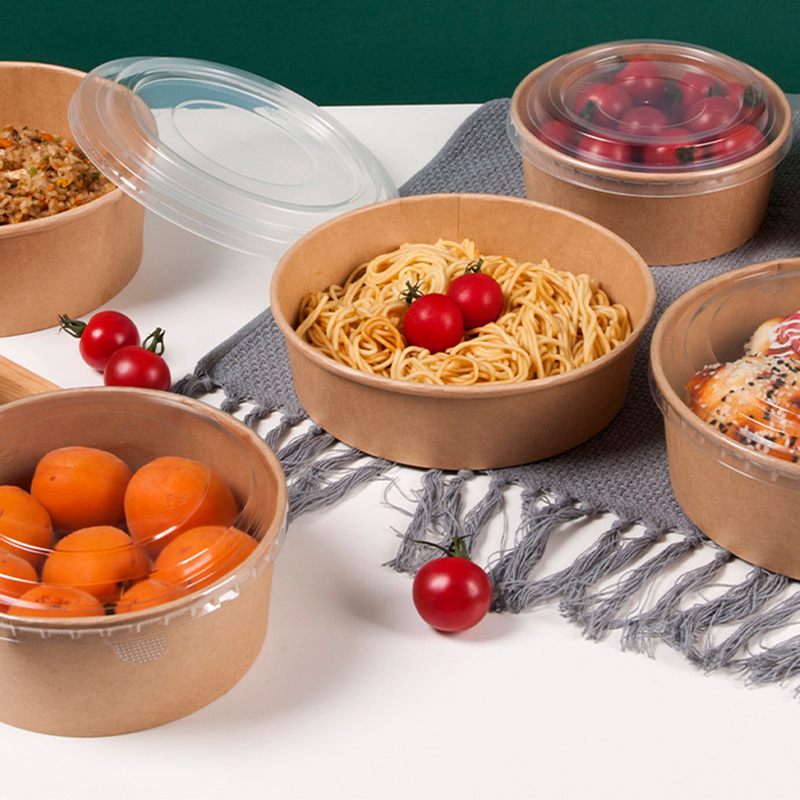 Disposable Round Paper Soup Bowl Paper Cups Food Container Biodegradable Take Away Fast Food Kraft Paper Salad Bowl With Lids