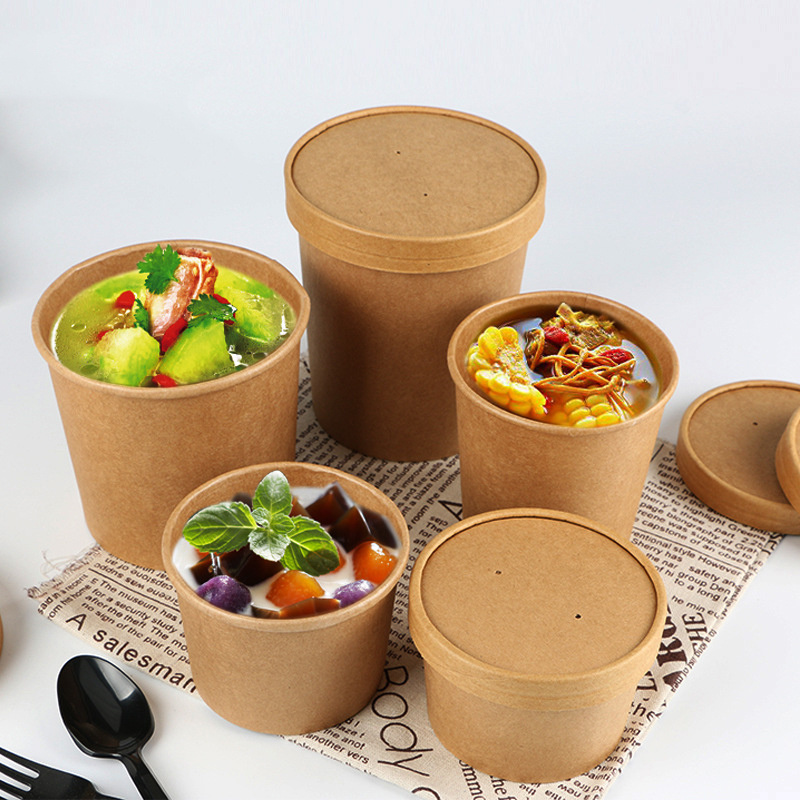 Disposable Round Paper Soup Bowl Paper Cups Food Container Biodegradable Take Away Fast Food Kraft Paper Salad Bowl With Lids