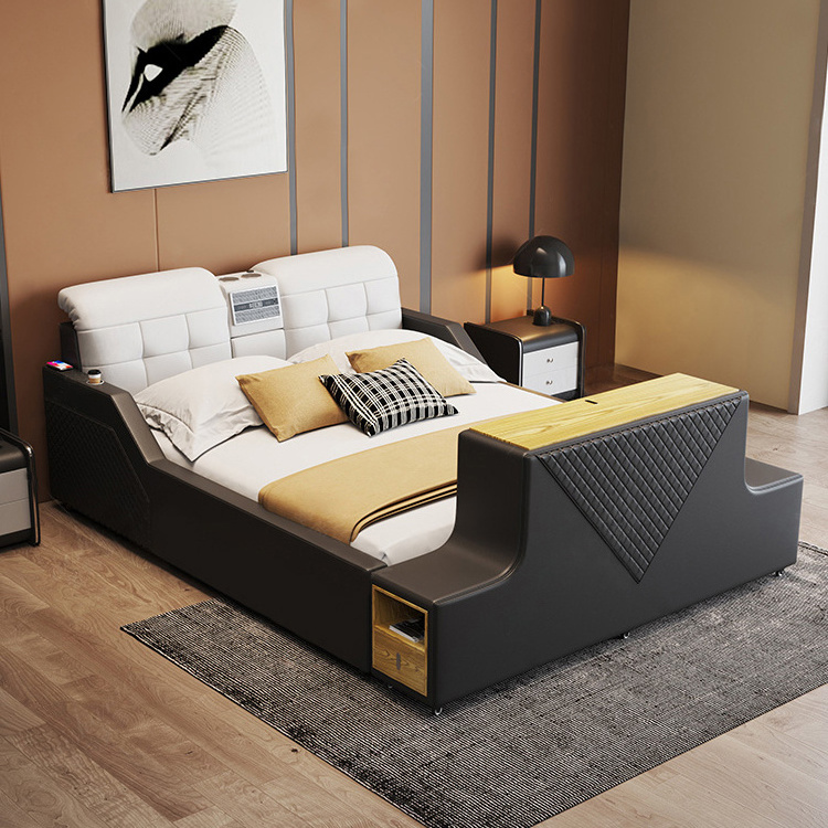 2024 New smart tatami leather bed Modern bedroom luxury furniture set Multi-functional wedding bed with electric lifting TV