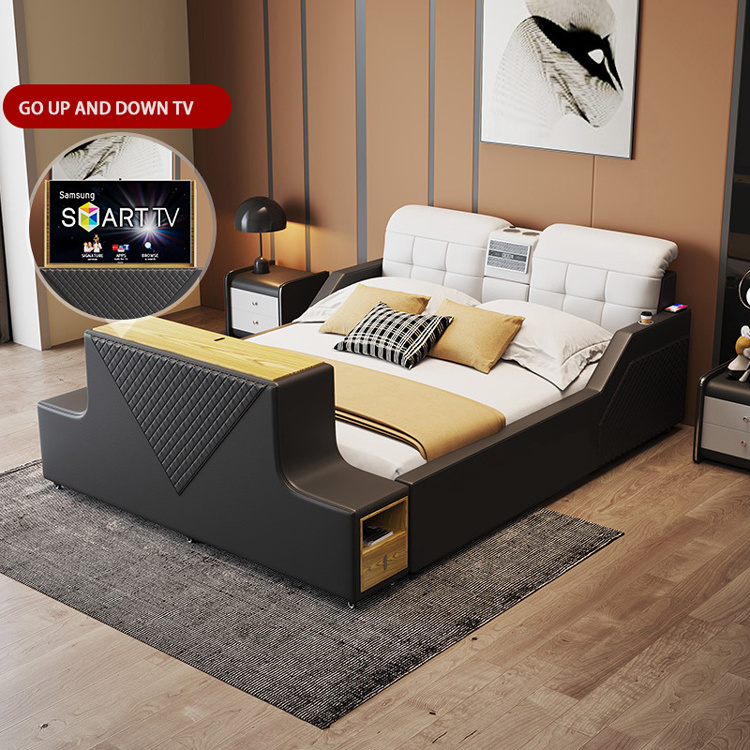 2024 New smart tatami leather bed Modern bedroom luxury furniture set Multi-functional wedding bed with electric lifting TV