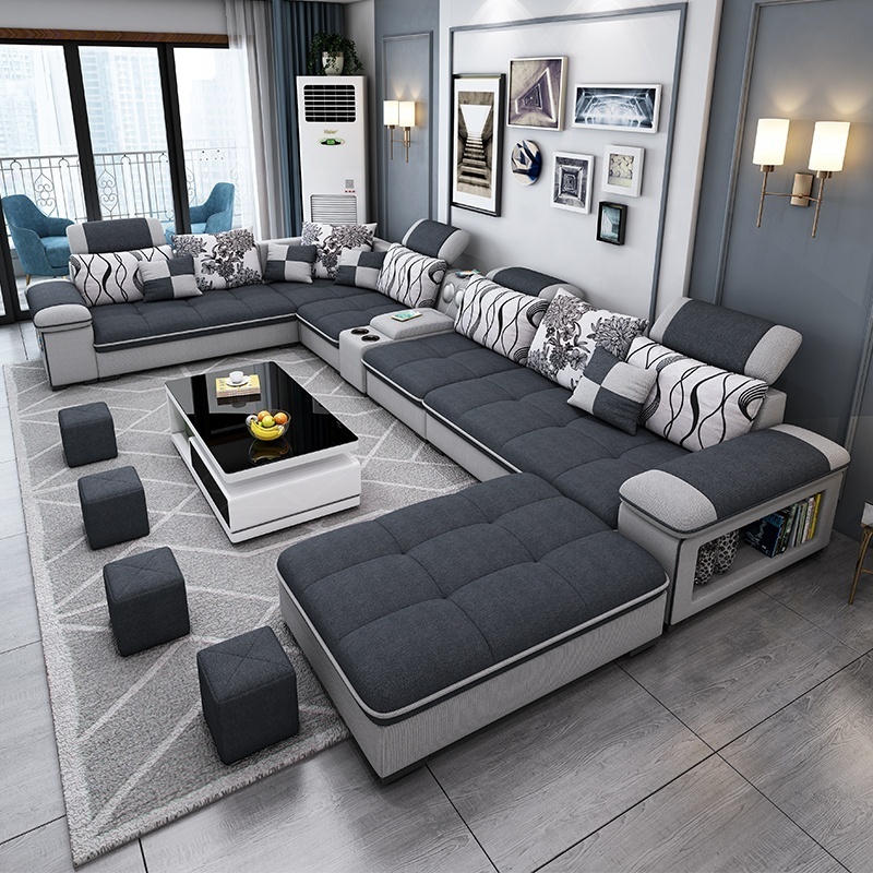 Modern simple living room sofa set U-shaped can lie luxury cloth sofa villa large combination corner function sofa