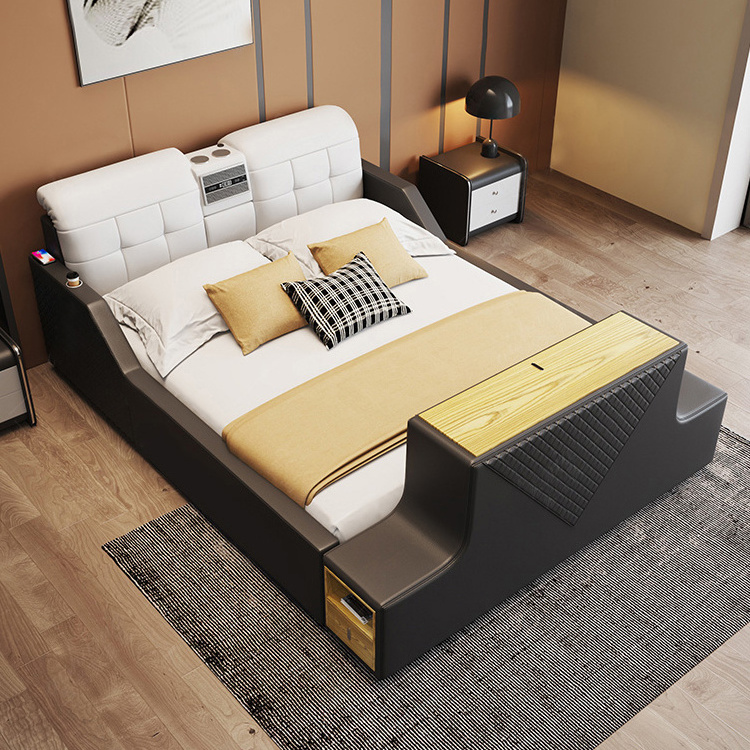 2024 New smart tatami leather bed Modern bedroom luxury furniture set Multi-functional wedding bed with electric lifting TV