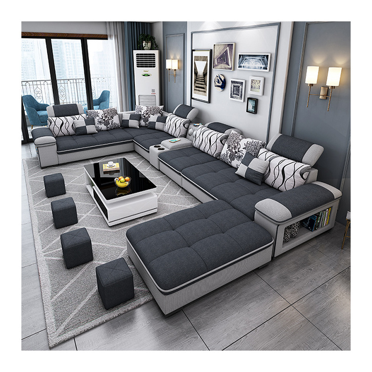 Modern simple living room sofa set U-shaped can lie luxury cloth sofa villa large combination corner function sofa