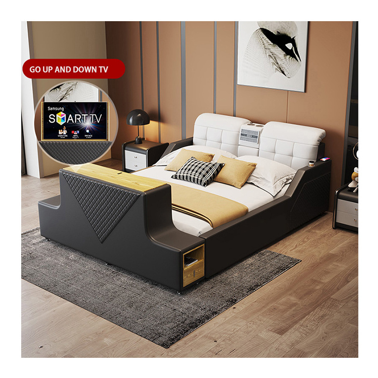 2024 New smart tatami leather bed Modern bedroom luxury furniture set Multi-functional wedding bed with electric lifting TV