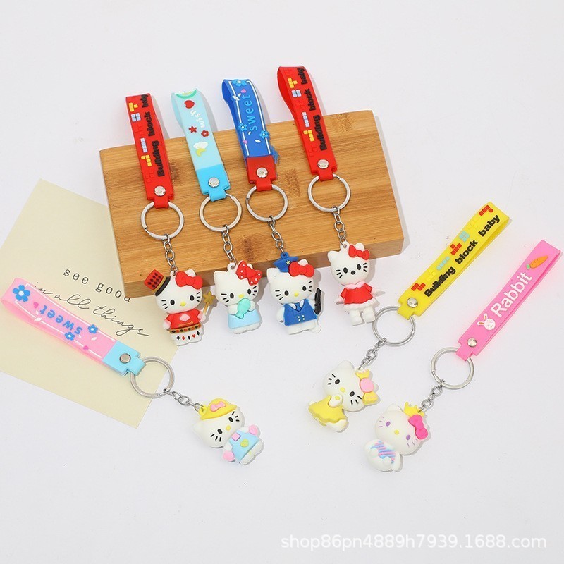 cute hello kitty with ring custom 3d keychain silicone plastic rubber pvc keychain bag accessories key holder key ring Gift