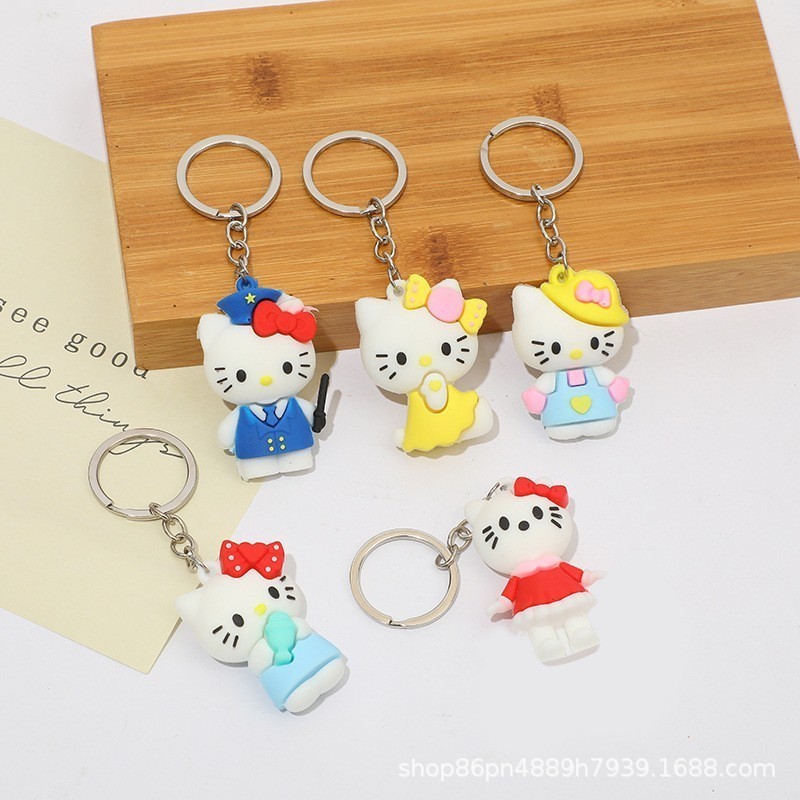 cute hello kitty with ring custom 3d keychain silicone plastic rubber pvc keychain bag accessories key holder key ring Gift