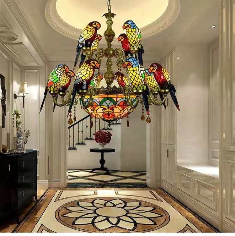 Tiffany Stained Glass Pendant Chandeliers Parrot Birds Hotel Lamp Lights for Vintage Style