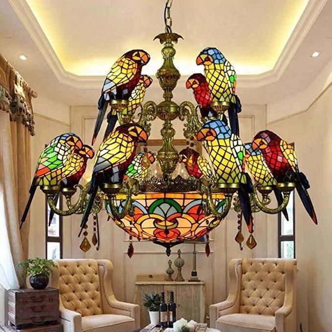 Tiffany Stained Glass Pendant Chandeliers Parrot Birds Hotel Lamp Lights for Vintage Style