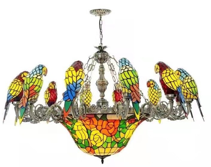 Tiffany Stained Glass Pendant Chandeliers Parrot Birds Hotel Lamp Lights for Vintage Style