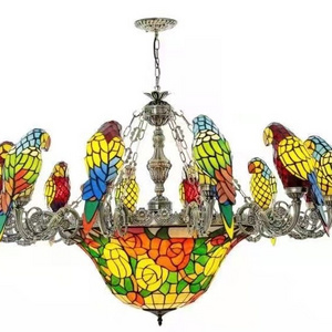 Tiffany Stained Glass Pendant Chandeliers Parrot Birds Hotel Lamp Lights for Vintage Style