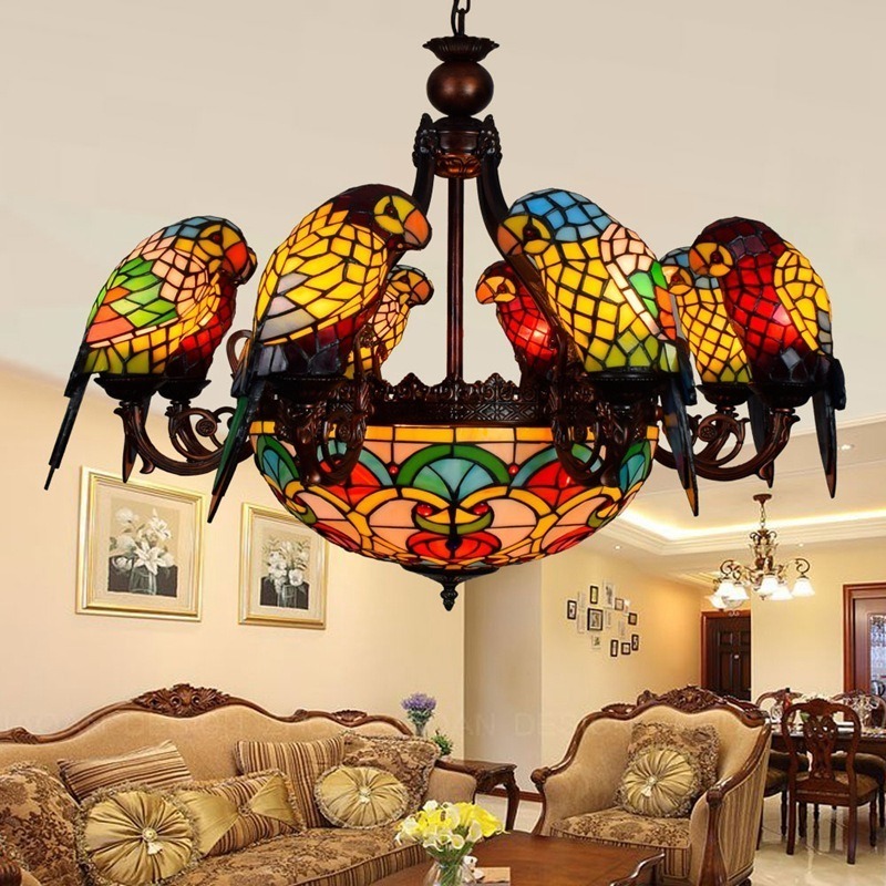 Tiffany Stained Glass Pendant Chandeliers Parrot Birds Hotel Lamp Lights for Vintage Style