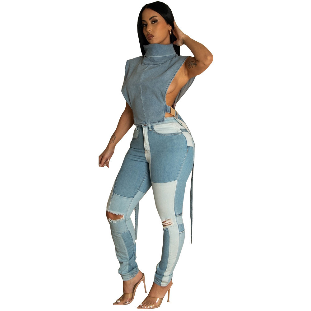 Washed Turtle Neck Sleeveless Short Vest women sexy tops Denim Crop Top Shirt Cut Out Blue Denim Y2K Crop Top For Women