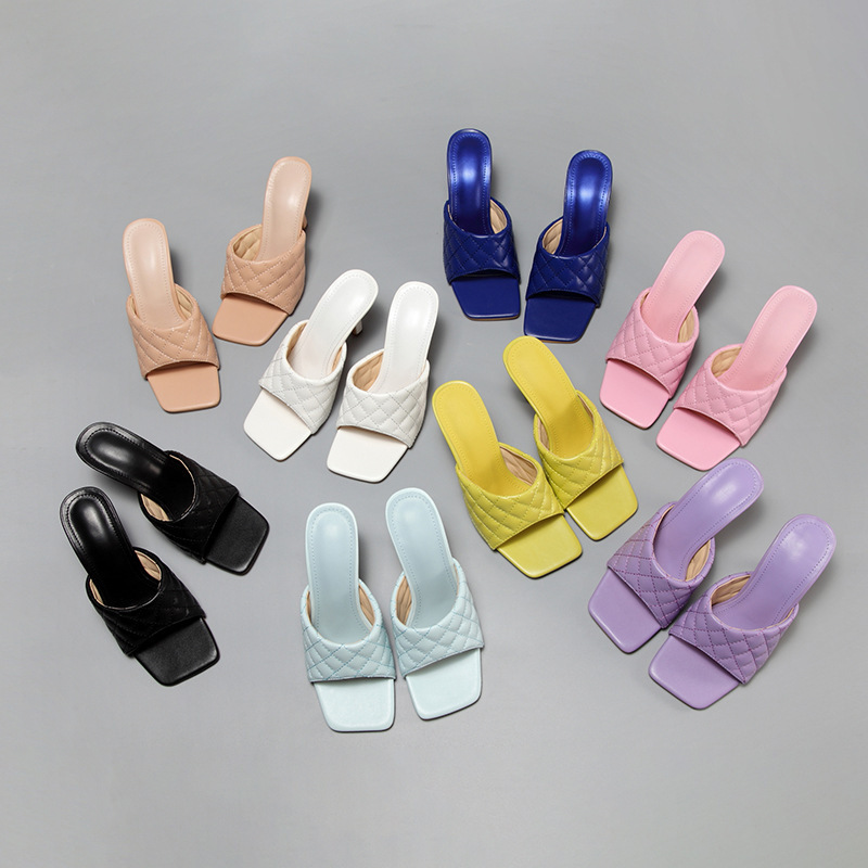 Summer Square toe Women slippers Fashion Thin heeled Ladies Mules Elegant Female High heels Outside Slides Women Sandals 42