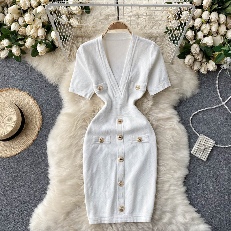 Women Knitted Pencil Dress V Neck Short Sleeve Elastic Slim Sheath Dresses Summer Korean Chic Streetwear Short Dress