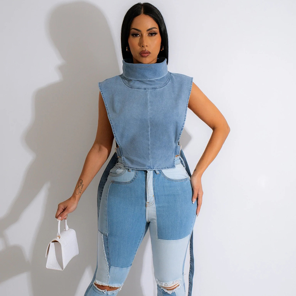 Washed Turtle Neck Sleeveless Short Vest women sexy tops Denim Crop Top Shirt Cut Out Blue Denim Y2K Crop Top For Women