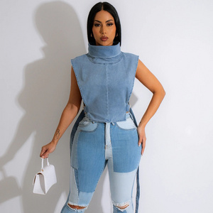 Washed Turtle Neck Sleeveless Short Vest women sexy tops Denim Crop Top Shirt Cut Out Blue Denim Y2K Crop Top For Women