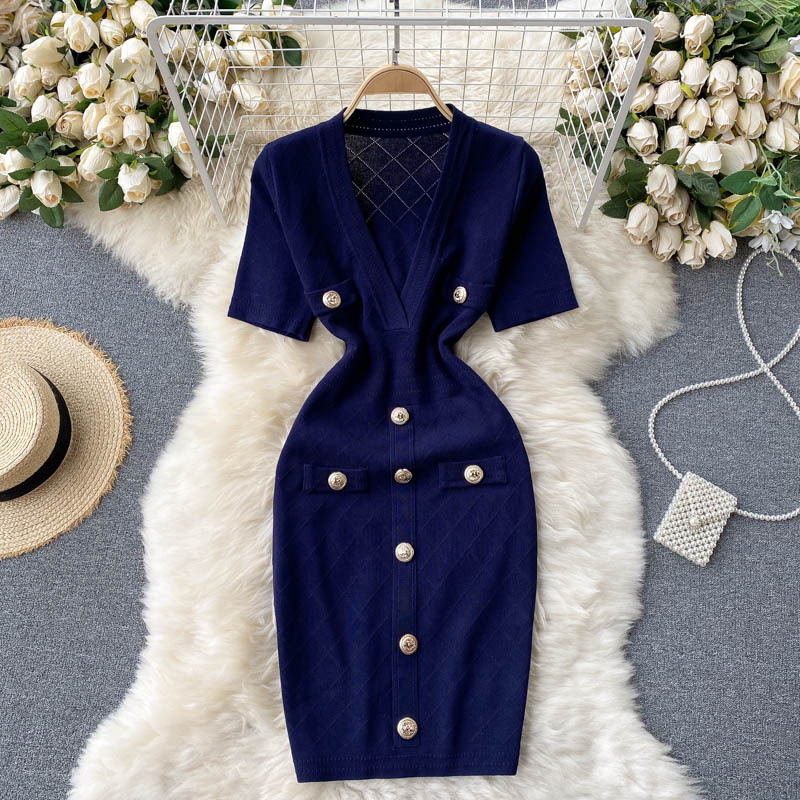 Women Knitted Pencil Dress V Neck Short Sleeve Elastic Slim Sheath Dresses Summer Korean Chic Streetwear Short Dress