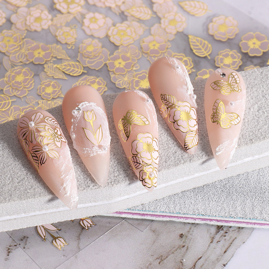 New Arrival Gold Silver Rose Gold Stamping Nail Art Stickers Pink Flower Decals Cute Tulip Design Simple DIY Nails Accessories