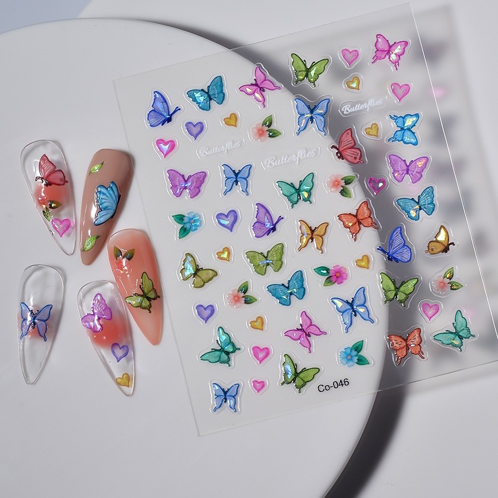 5D Butterfly Fairy Nail Stickers Elegant Pink Blue Letter Sliders Embossed Charms Decals Spring Manicure Decoration