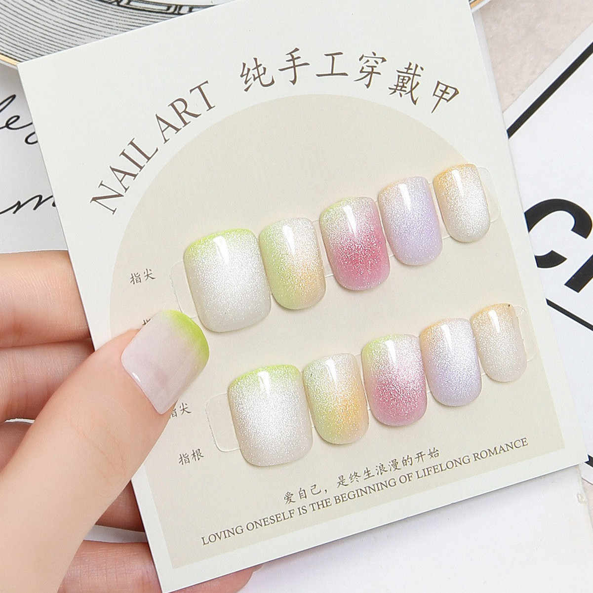 Handmade 10pcs Cat Eye Press on Nail Tips Shining Cat Eye Short Square Coffin Ballerina Artificial Fingernails with The Sticker