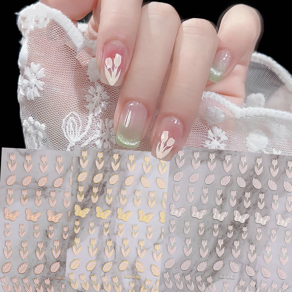 New Arrival Gold Silver Rose Gold Stamping Nail Art Stickers Pink Flower Decals Cute Tulip Design Simple DIY Nails Accessories