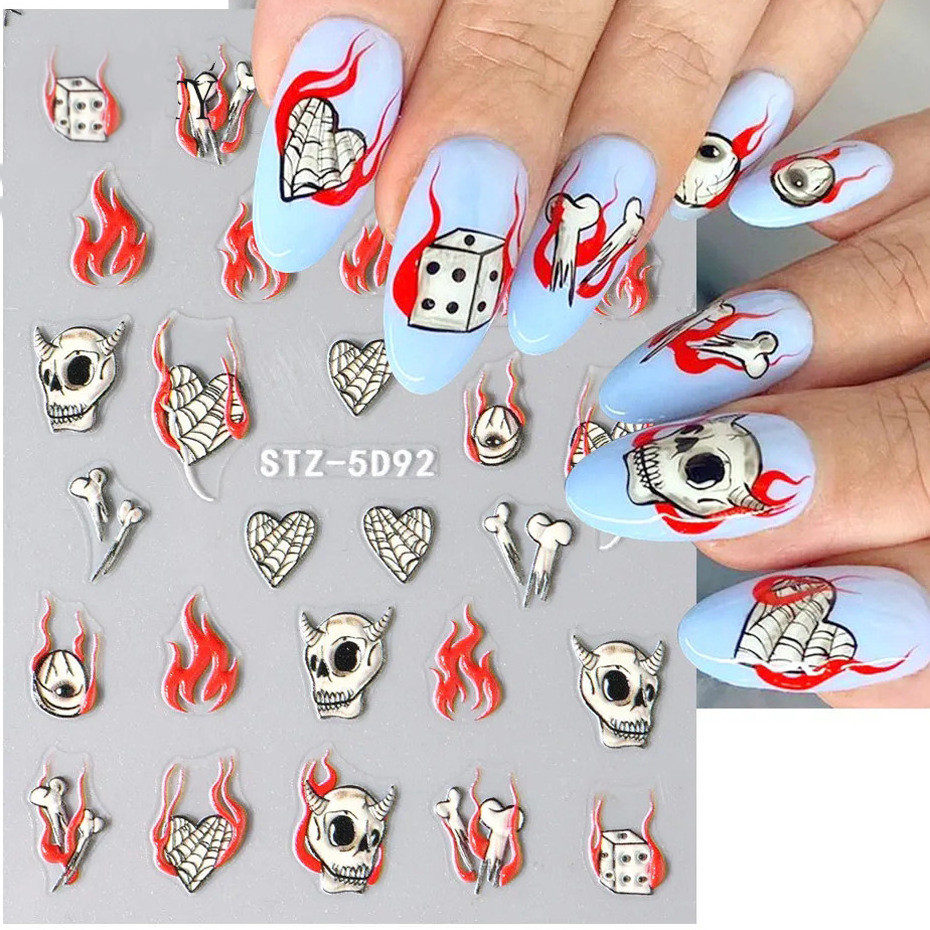 5D Nail Art Sticker Halloween Ghost Skull Nail Decals Bat Spider Witch Pumpkin Manicure Decoration For Nails Tips Beauty Sticker