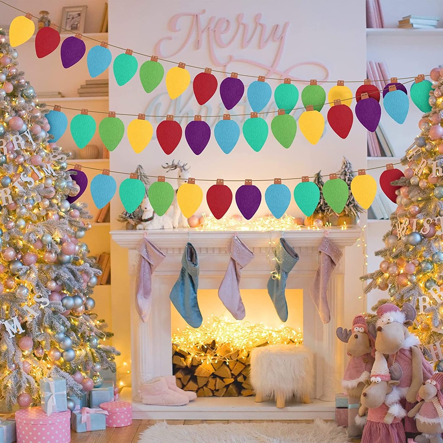 Felt Lights Banner Festive Bulbs Garland Colorful Rainbow for X'mas festival Birthday Party Outdoor Holiday Decorations