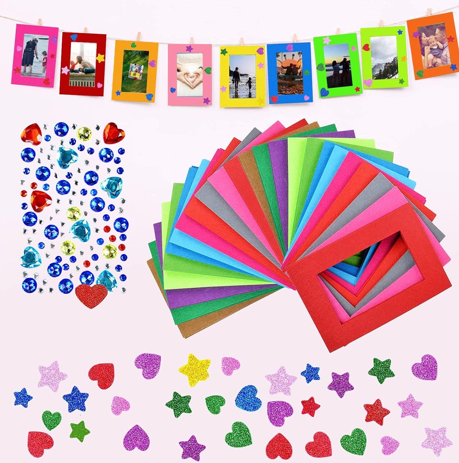 Colorful Felt Picture Frames, Kids Photo Frame and Multi Shape Craft Glitter Foam Stickers  for Arts and Crafts Decoration