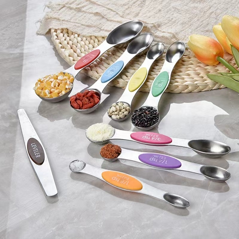 Hot Sale Baking Gadgets Kitchen Home Chef Of 9 Stainless Steel Double Sided Teaspoon Scoop Magnetic Measuring Spoons Set