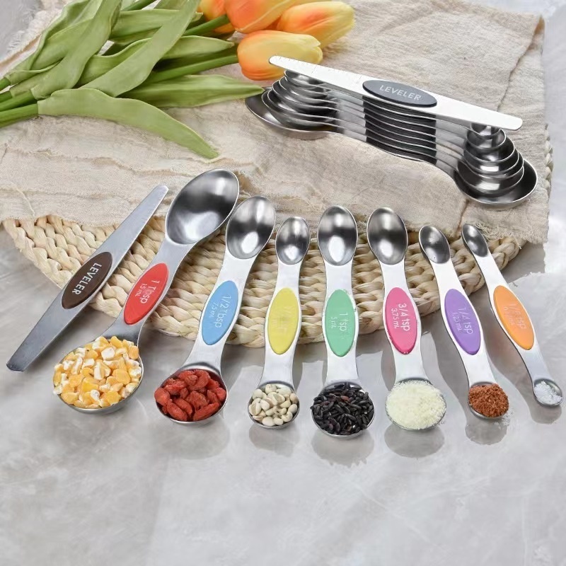 Hot Sale Baking Gadgets Kitchen Home Chef Of 9 Stainless Steel Double Sided Teaspoon Scoop Magnetic Measuring Spoons Set